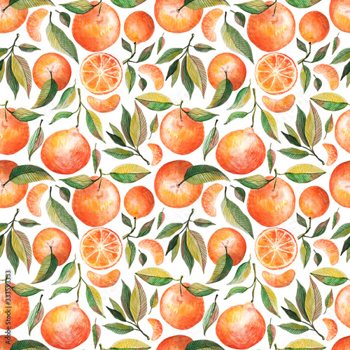Watercolor seamless pattern with oranges tangerines citrus fruits green leaves isolated on white background. Fruit repeated background. Botanical illustration for fabric textile