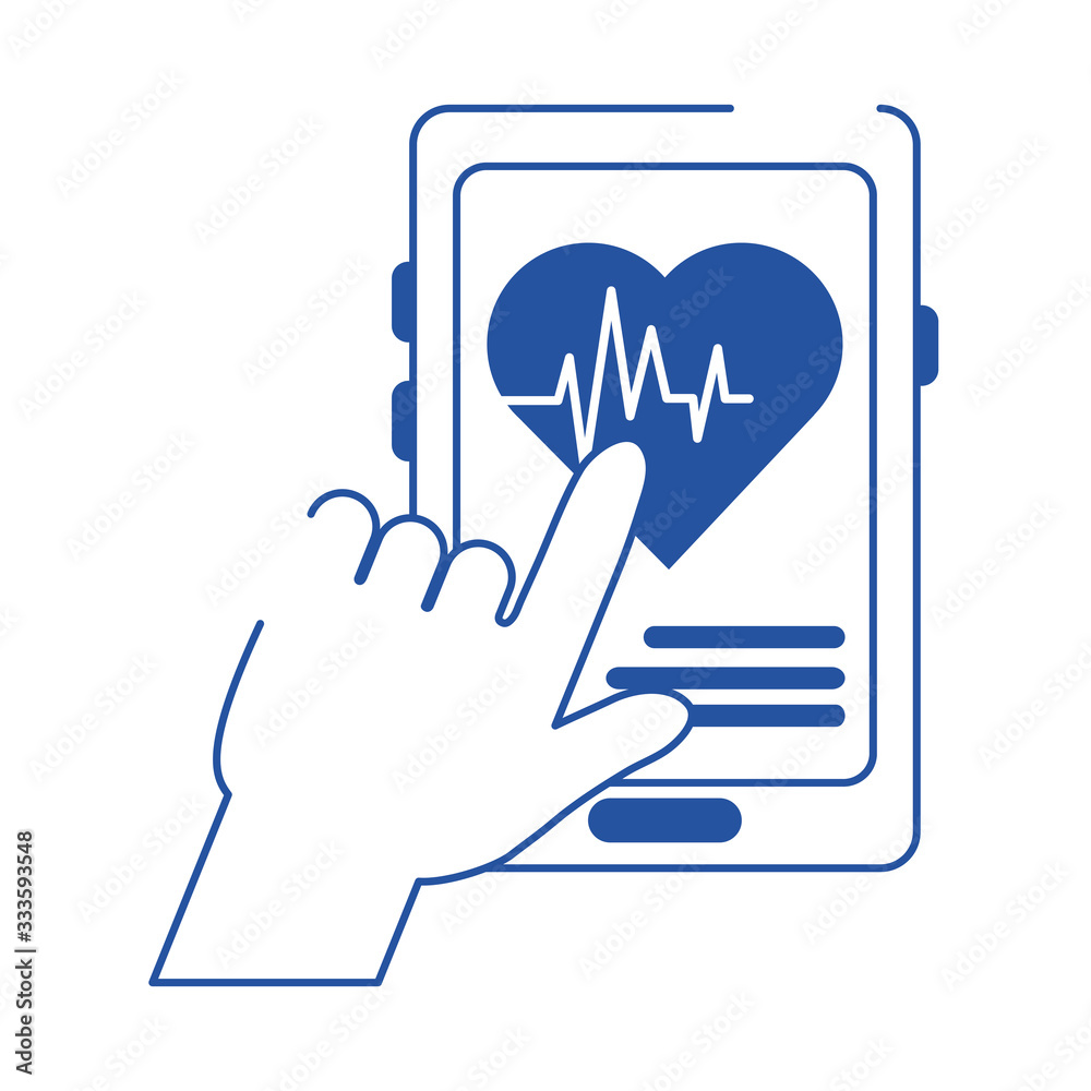 Fototapeta premium online doctor hand with smartphone heartbeat care blue line style icon