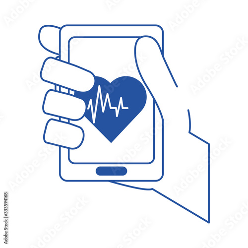 online doctor hand with smartphone heartbeat care blue line style icon