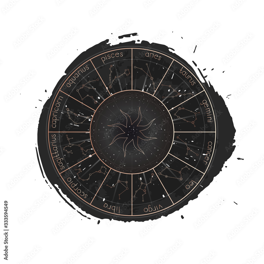Vector illustration of Zodiac constellations, Horoscope circle and sign Sun on a grunge ink background.