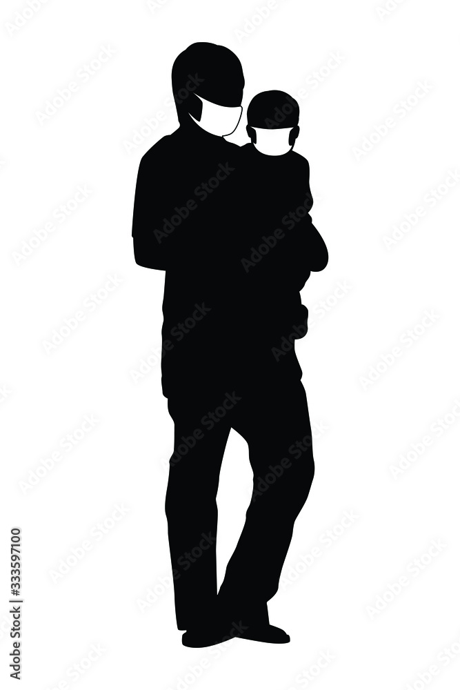 Dad and son with mask silhouette vector