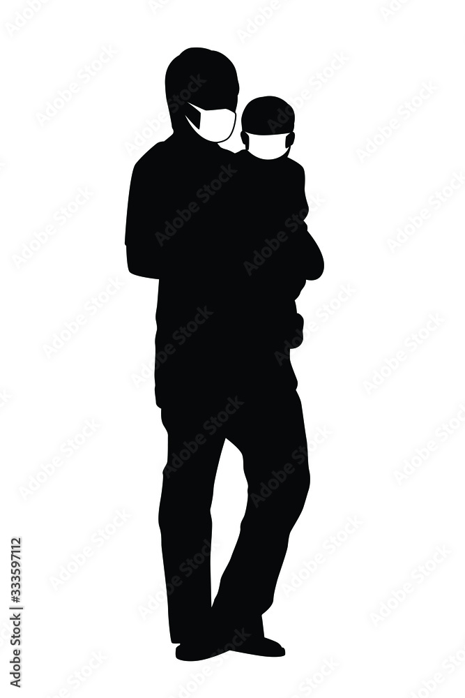 Dad and son with mask silhouette vector Dad and son with mask silhouette vector