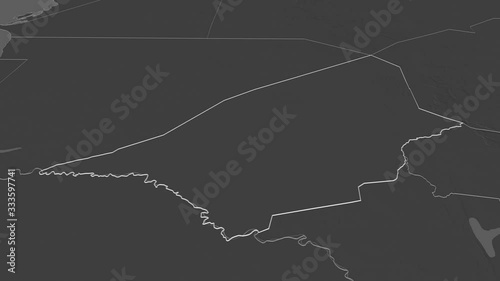 Brakna, region with its capital, zoomed and extruded on the bilevel map of Mauritania in the conformal Stereographic projection. Animation 3D photo