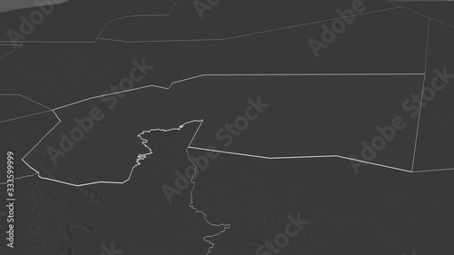 Tagant, region with its capital, zoomed and extruded on the bilevel map of Mauritania in the conformal Stereographic projection. Animation 3D photo