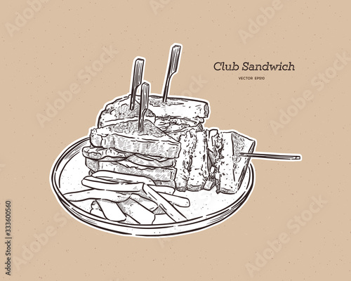 Club sandwich, hand draw sketch vector.