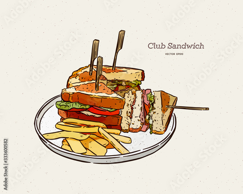 Club sandwich, hand draw sketch vector.
