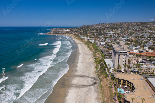 Aerial drone photo of a completely empty Pacific Beach due to the Coronavirus and Covid 19 Pandemic. San Diego, Ca, USA. © Spearhead Media