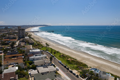 Aerial drone photo of a completely empty Pacific Beach due to the Coronavirus and Covid 19 Pandemic. San Diego, Ca, USA. photo