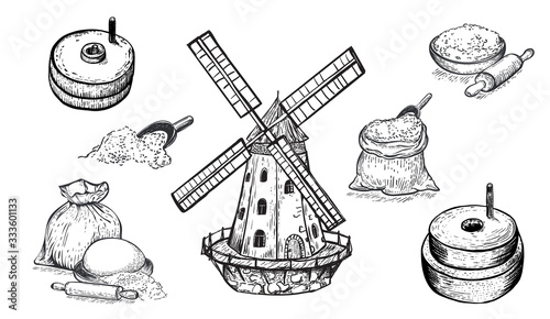 Set of flour, hand mill, windmill, wheat, grain, ingredients. Hand drawn vector illustration. Engraving style. Big set.