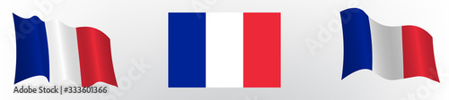 Flag of the French Republic in a static position and in motion, developing in the wind, on a white background