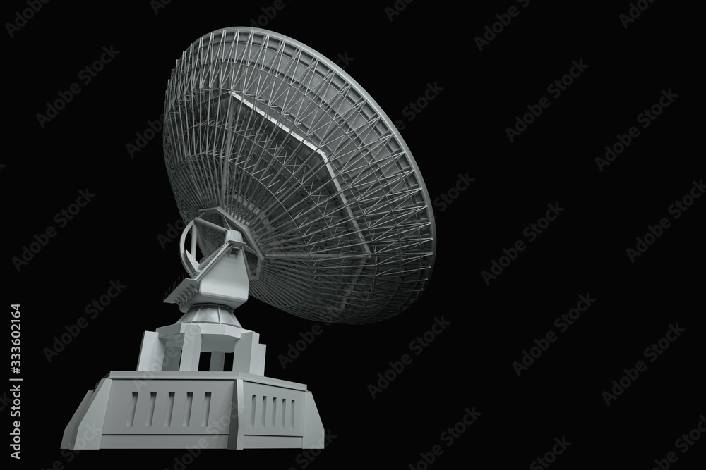 White radio telescope, large satellite dish, radar isolated on a black background. Technology concept, search for extraterrestrial life, wiretap of space. 3D rendering, 3D illustration.