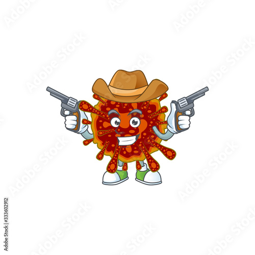 Cool cowboy cartoon design of deadly coronvirus holding guns