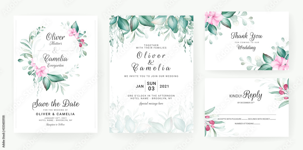 Foliage wedding invitation card template set with watercolor floral arrangements and border. Flowers decoration for save the date, greeting, rsvp, thank you, poster. Botanic illustration vector