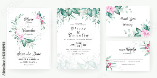 Foliage wedding invitation card template set with watercolor floral arrangements and border. Flowers decoration for save the date  greeting  rsvp  thank you  poster. Botanic illustration vector