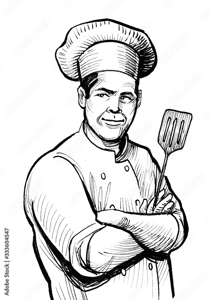 Naklejka premium Smiling restaurant chef. Ink black and white drawing