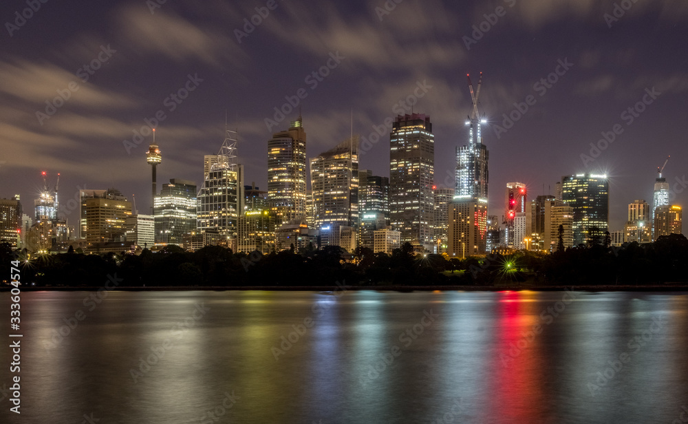 sydney city night scene and reflections on water
