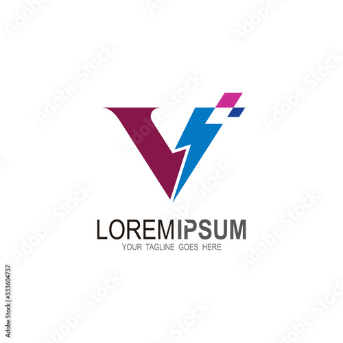 letter v with thunder logo design template, voltage icon, danger logo 