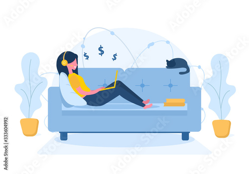 Womens freelance. Girl with laptop in headphones lying on the sofa. Concept illustration for working, studying, education, work from home, healthy lifestyle. Vector illustration in flat style.