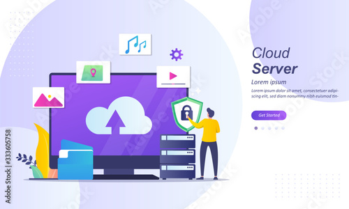 Cloud server concept, digital service with security data transfering, web cloud technology, Suitable for web landing page, ui, mobile app, banner template. Vector Illustration. 