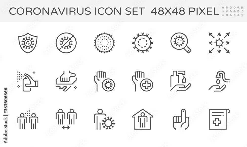 Coronavirus disease and prevention vector icon set design, 48x48 pixel perfect and editable stroke. - obrazy, fototapety, plakaty 