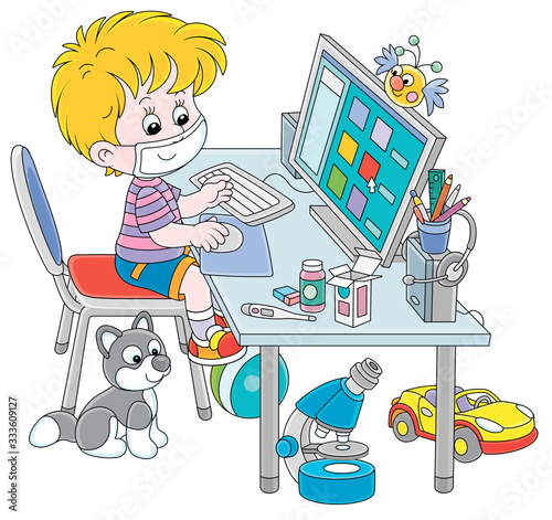 Distance learning in quarantine at home, a small cheerful schoolboy in a mask sitting at his computer and studying educational materials on a school site during flu epidemic, vector illustration