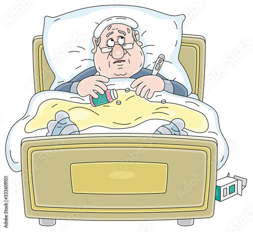 Sad sick man having flu, measuring temperature with a thermometer, taking different pills and lying in his bed in quarantine, vector cartoon illustration on a white background