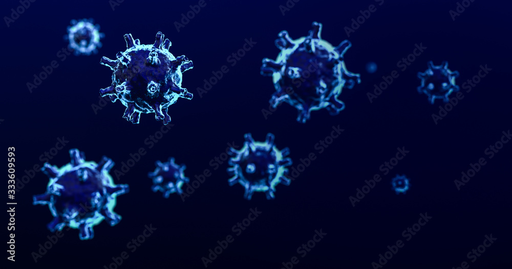 Virus cells of coronavirus 2019-nCov in blood vessel as azure color cells on blue background. 3D rendering Virus cells of coronavirus 2019-nCov in blood vessel as azure color cells on blue background. 3D rendering