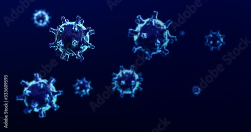 Tablou pe pânză Virus cells of coronavirus 2019-nCov in blood vessel as azure color cells on blue background