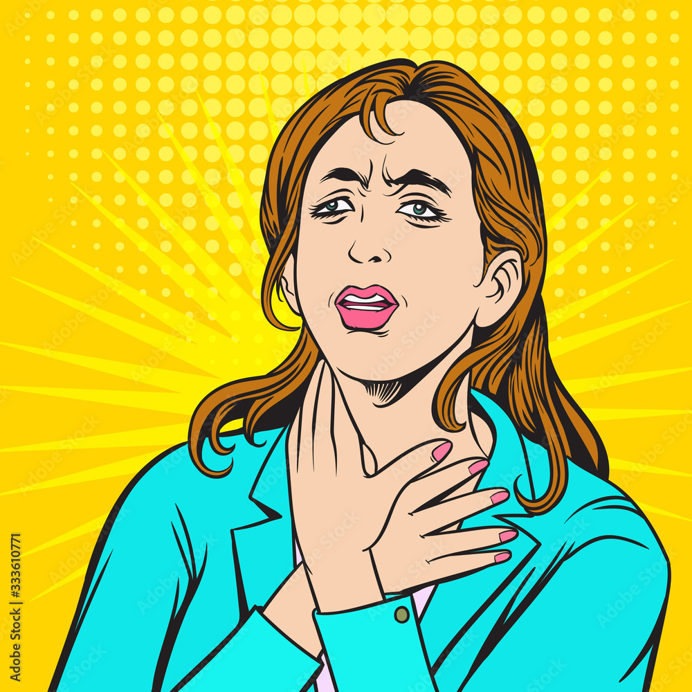 Sick women, chest pain, trouble breathing. Pop art retro illustration