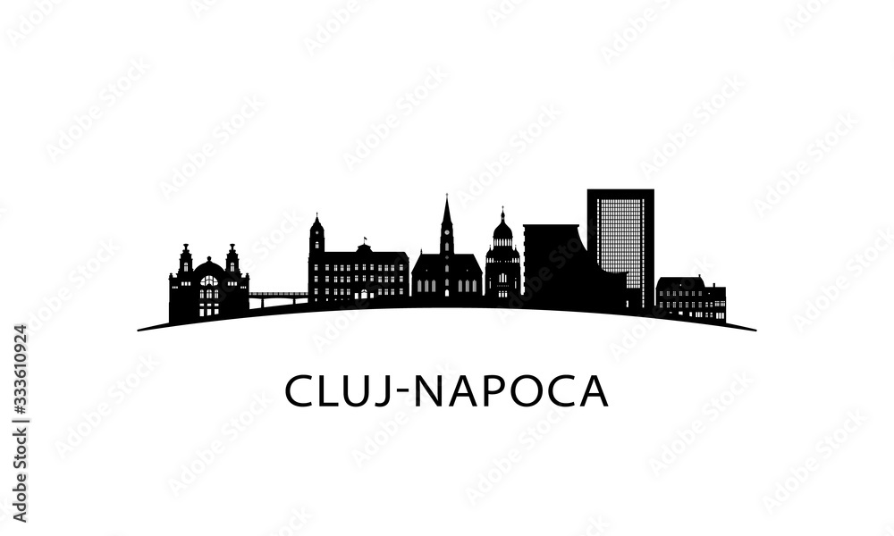 Cluj-Napoca city skyline. Black cityscape isolated on white background. Vector banner.