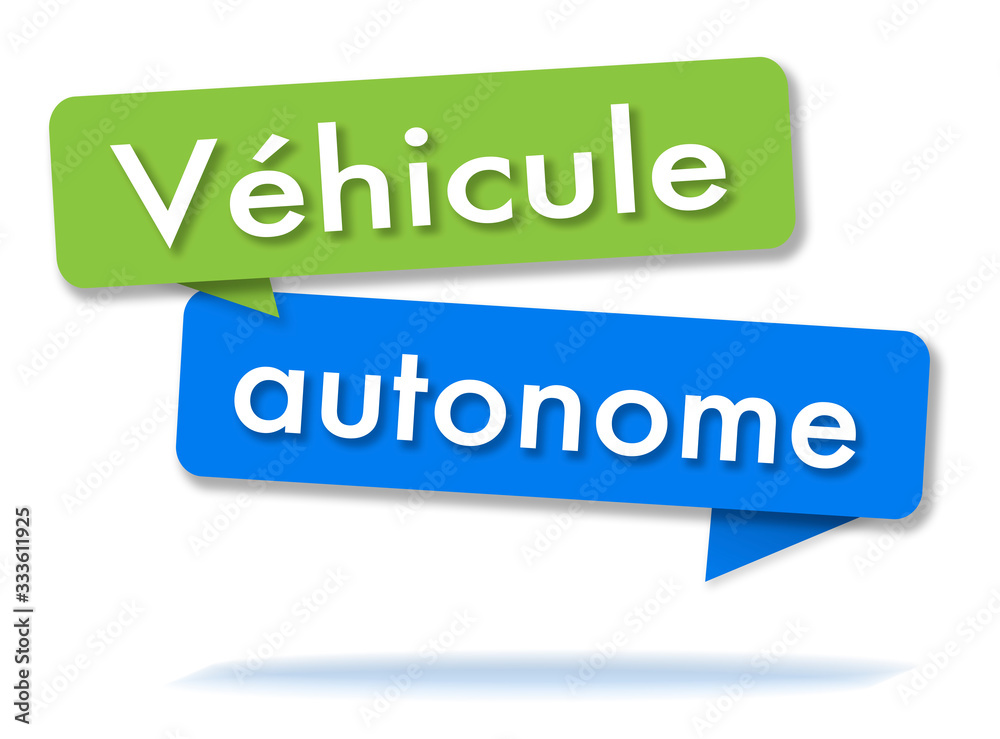 Autonomous vehicle in colored speech bubbles and french language