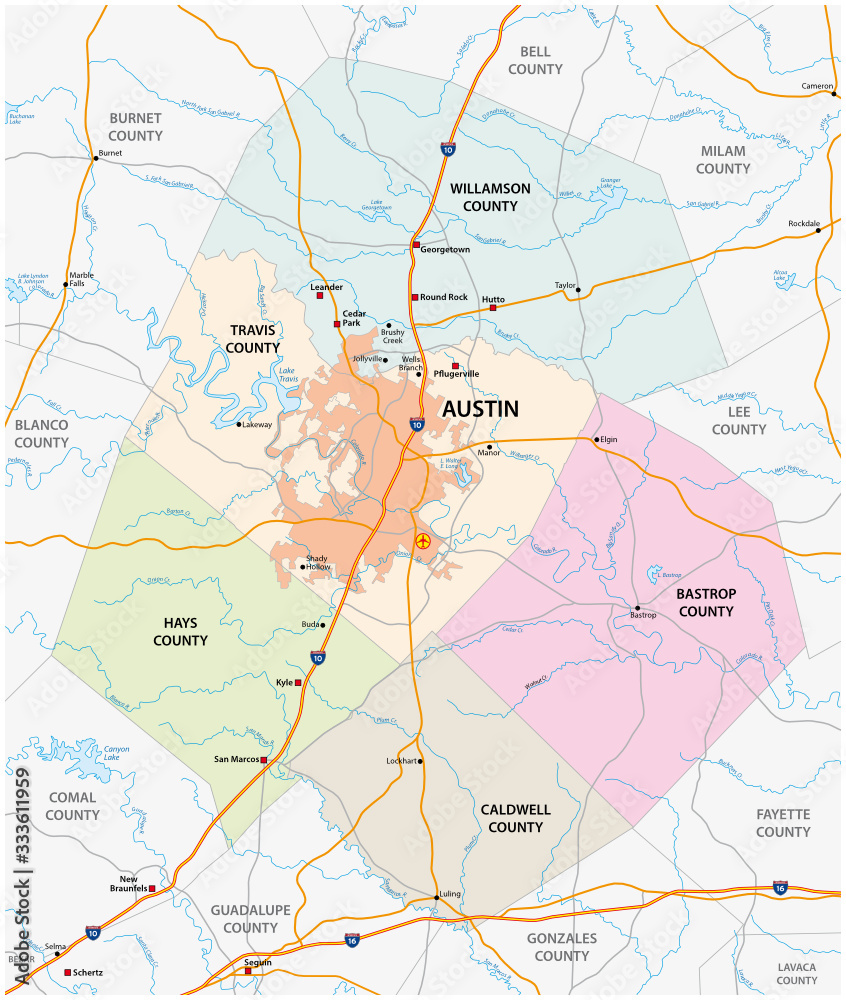 road and administrative vector map of greater Austin, Texas, United States