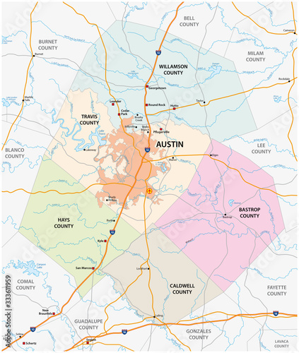 road and administrative vector map of greater Austin, Texas, United States