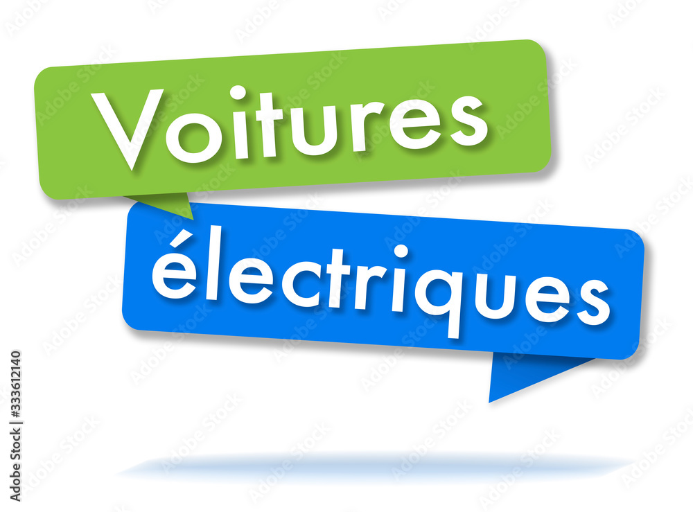 Electric cars in colored speech bubbles and french language