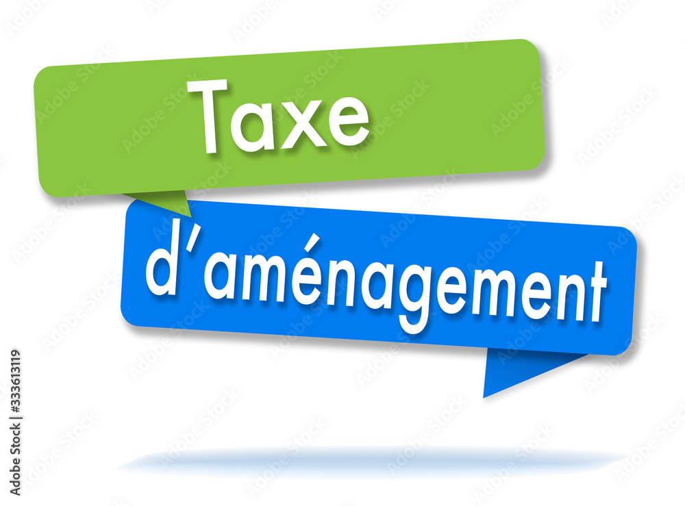 Development tax in colored speech bubbles and french language Development tax in colored speech bubbles and french language