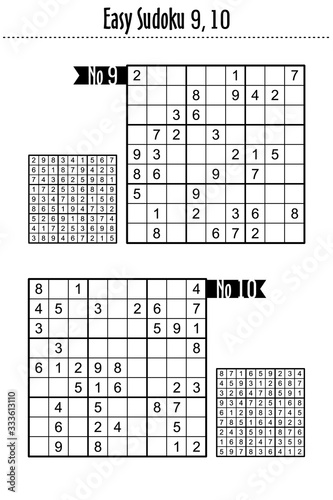 Easy sudoku puzzles 9, 10, suitable for kids, beginners, or just for relax. Answers included.