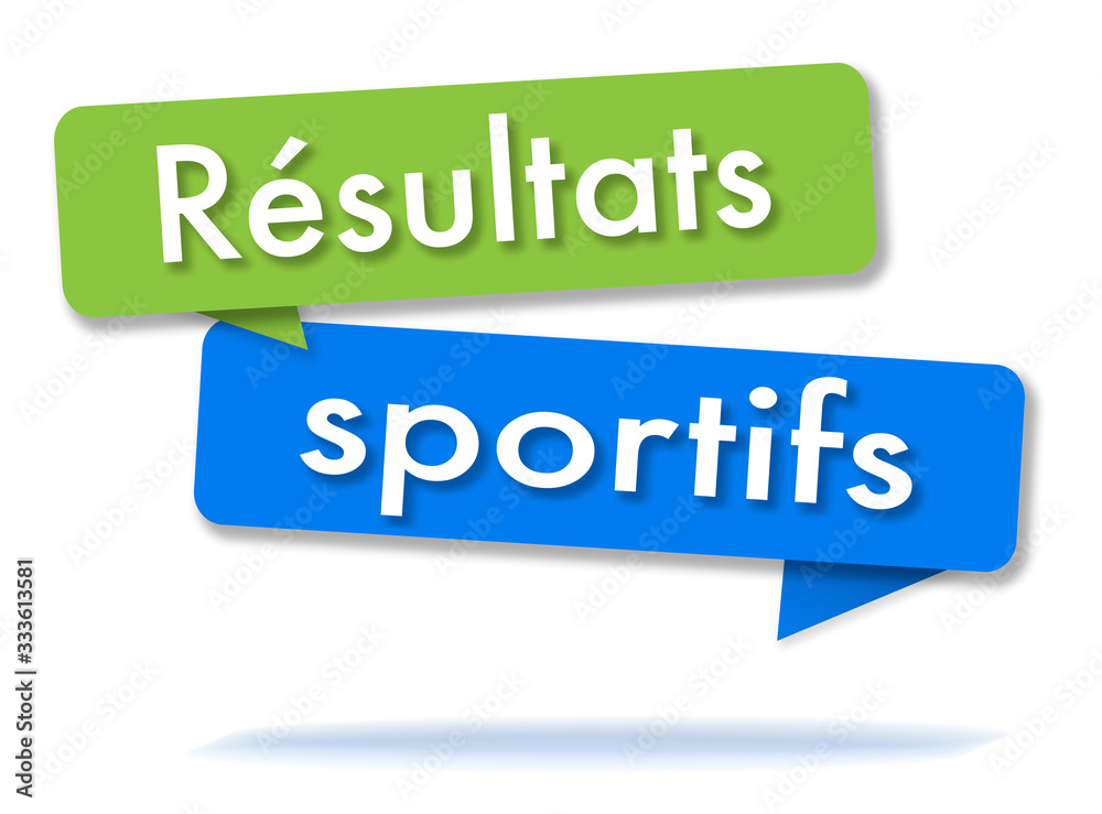Sports results in colored speech bubbles and french language