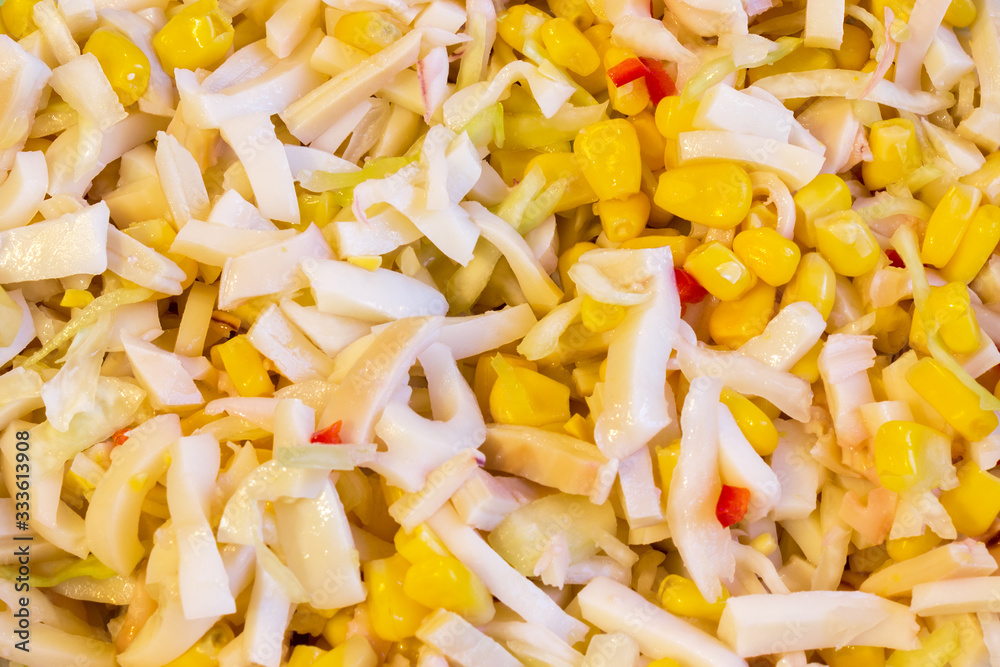 delicious salad made from crab, squid, corn and hot pepper, suitable as background and texture delicious salad made from crab, squid, corn and hot pepper, suitable as background and texture