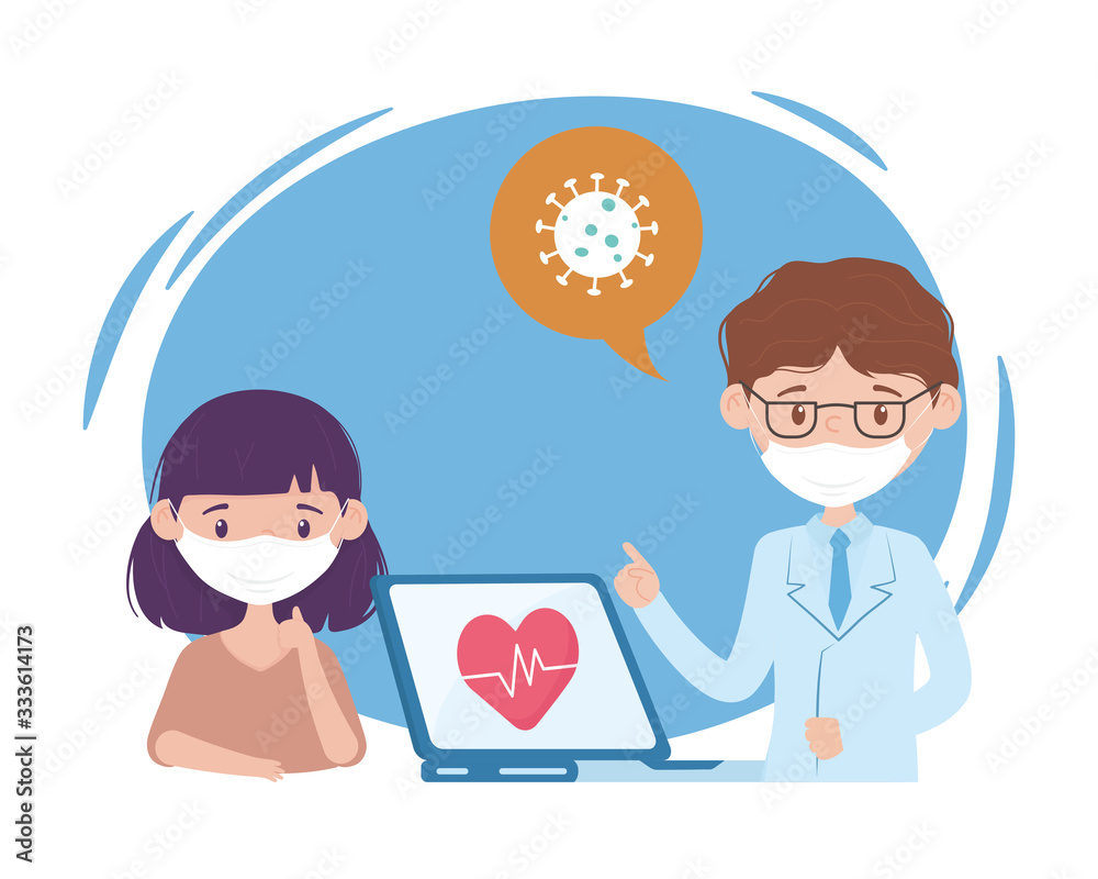 health online, doctor with mask and laptop patient vector de Stock | Adobe  Stock