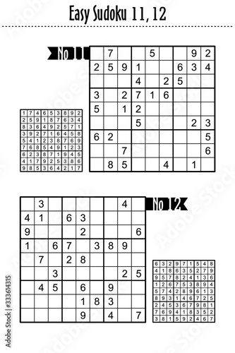 Easy sudoku puzzles 11, 12, suitable for kids, beginners, or just for relax. Answers included.