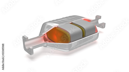 Obraz na plátně Catalytic converter showing internal parts with red glow on a white background w