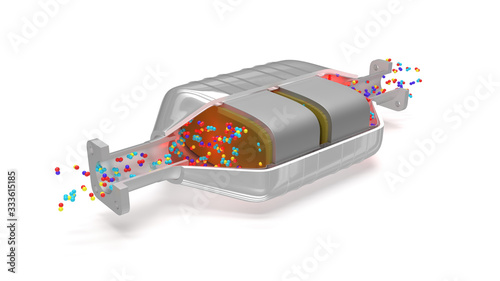 Catalytic converter showing internal parts and catalysis with molecules on a white background with shadow