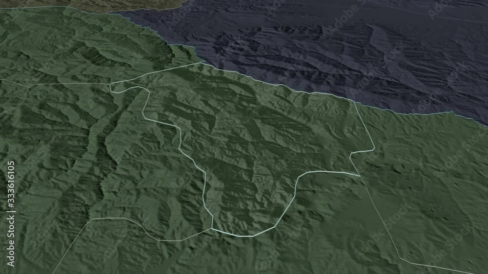 Makedonska Kamenica, municipality with its capital, zoomed and extruded on the administrative map of Macedonia in the conformal Stereographic projection. Animation 3D