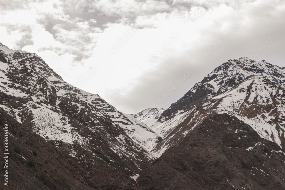 Mountain landscape in Lo Valdés Valley, Cajón del Maipo, Central Andes of Chile.