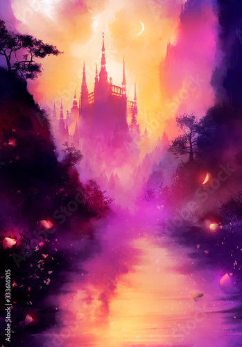 A beautiful fairytale landscape in pink shades, with a river in the foreground, and a huge tall castle in the distance, with many towers, it is shrouded in fog, we see a crescent moon in the sky. 2d