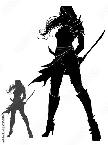 the silhouette of an assassin girl with blades behind her back, she stands proudly looking forward, dressed in a hood, her hair fluttering in the wind. 2d illustration.