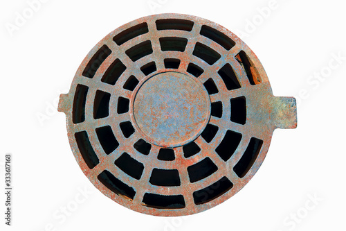 Cast-iron manhole cover storm sewer isolate on a white background.