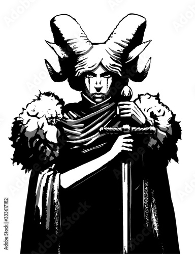 A beautiful satyr woman with huge horns, and with a sword in her hands, looks straight ahead at the viewer, she is dressed in a tunic with woolen shoulder pads. 2d illustration.