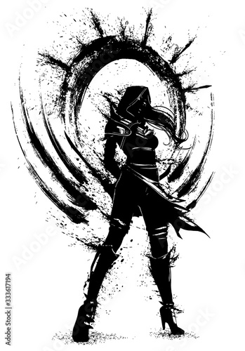 the silhouette of an assassin girl with many blades of blots behind her back, she stands proudly looking forward, dressed in a hood, her hair fluttering in the wind. 2d illustration.