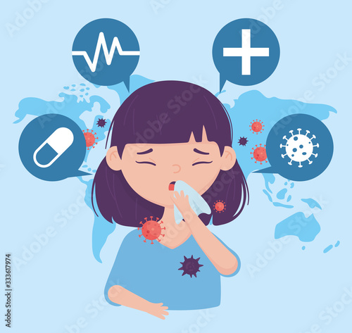 online health, girl with cough with paper